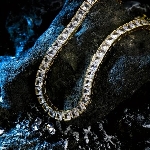 18K Gold Mens Square 2ct Diamond Tennis Necklace Guys 18K Silver 18" Jewelry NEW - Picture 4 of 7